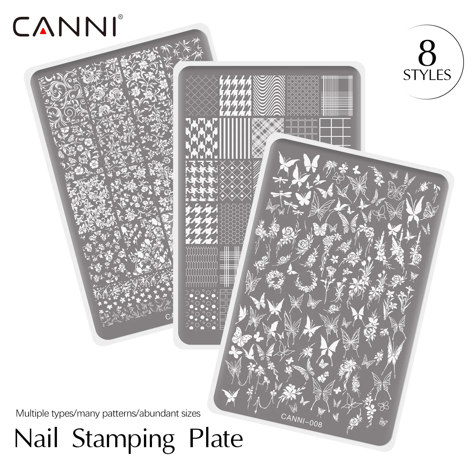 

CANNI Nail Stamping Plate - 8 Designs, High-Quality Stainless Steel, Floral, Butterfly, and Geometric Patterns for DIY Manicure