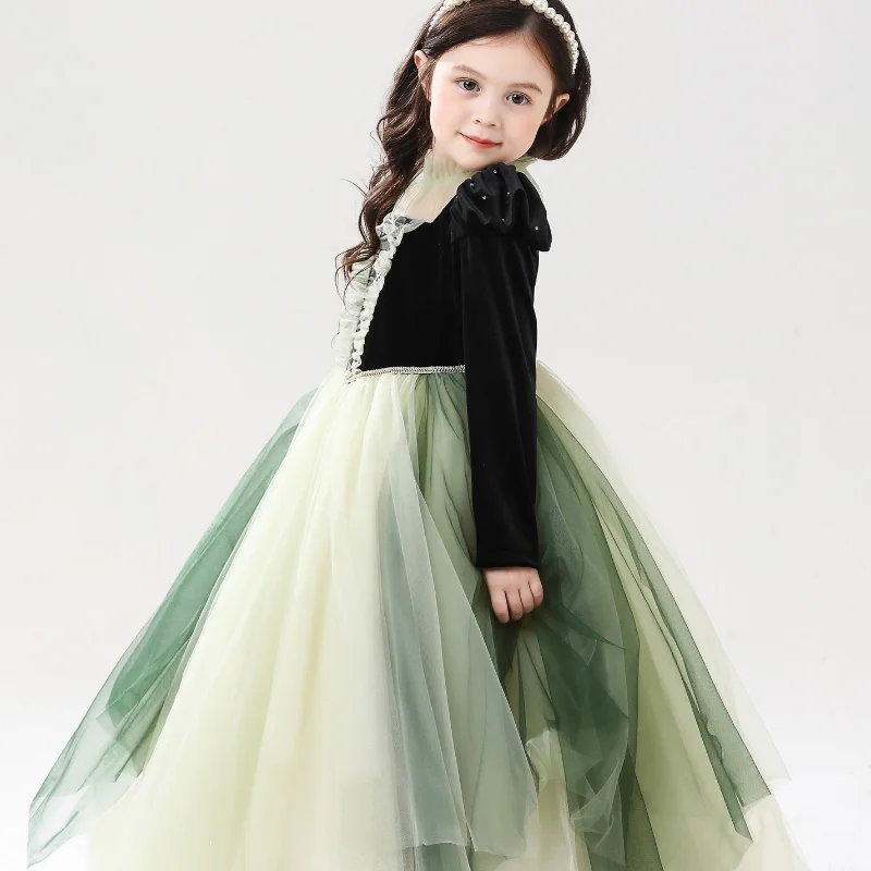 Retro palace Girl Layered Princess Dresses Girls Christmas Baby Evening Party New Year Autumn Style Tutu Lace Gown Dress CC086