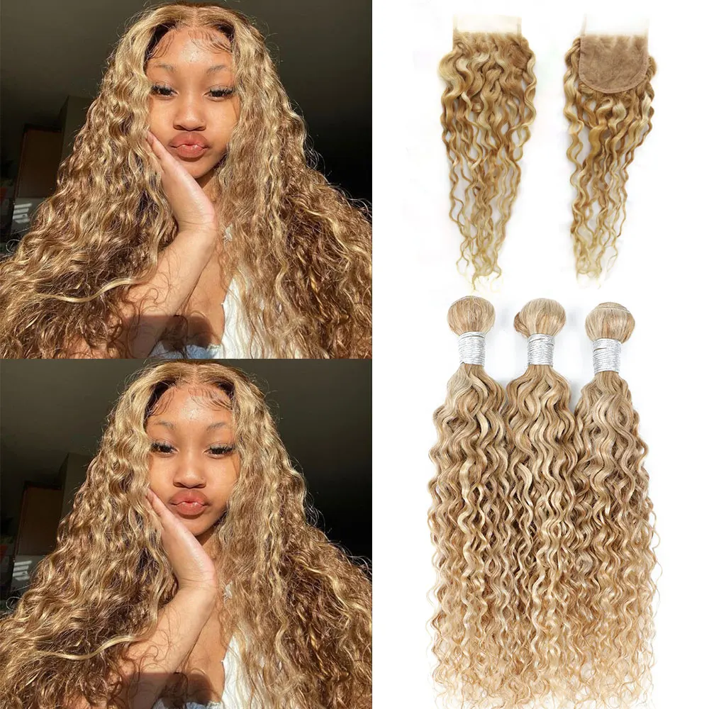 P27/613  Human Bundles With Closure Highlight Blonde Transparent Lace Closure With Bundles 3 or 4 Bundles With 22 inch Closure