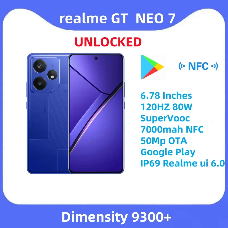 Original Realme GT Neo 7 Dimensity 9300+ 5G 6.78 Inches 120HZ 80W SuperVooc 7000mah NFC 50Mp OTA Google Play IP69 Realme ui 6.0