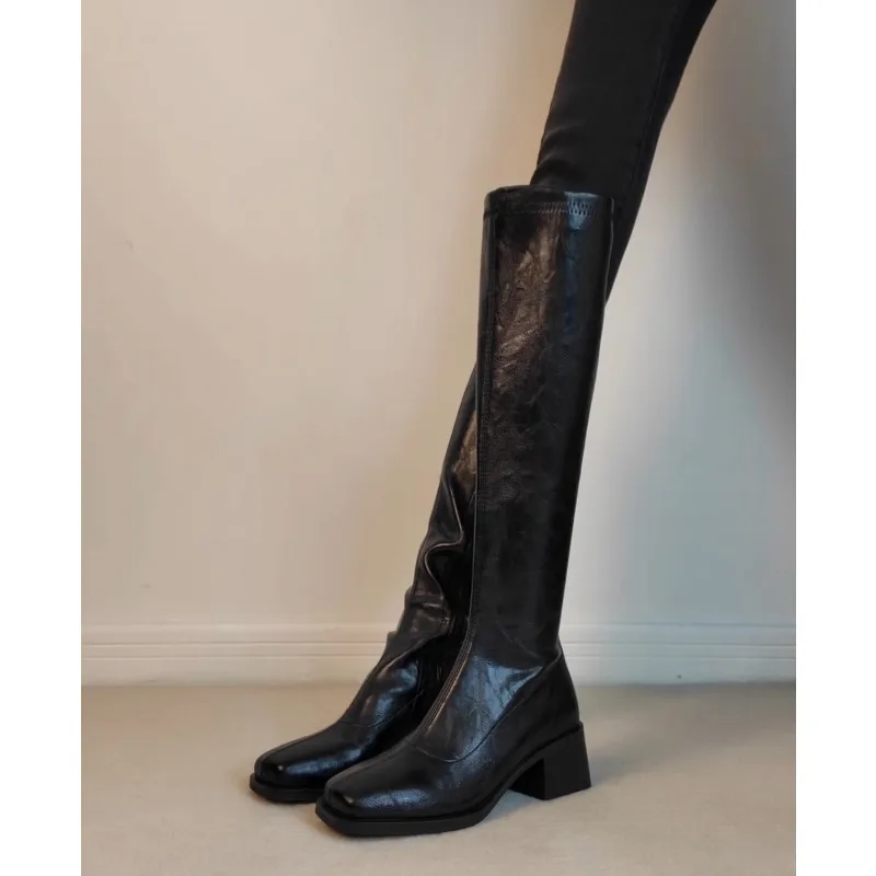 

2026 New Autumn Winter Women Knee-high Boots 22-24.5cm Stretch Microfiber Square Toe High Heel Side Zipper Long Boots Fashion