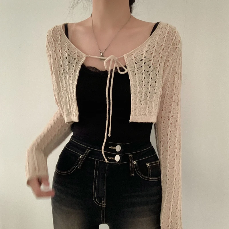 Korean Sle Chic Summer Loose Long Sve round Ne Knitted Sun Protection Top Women's Faion  Knot Hollow out