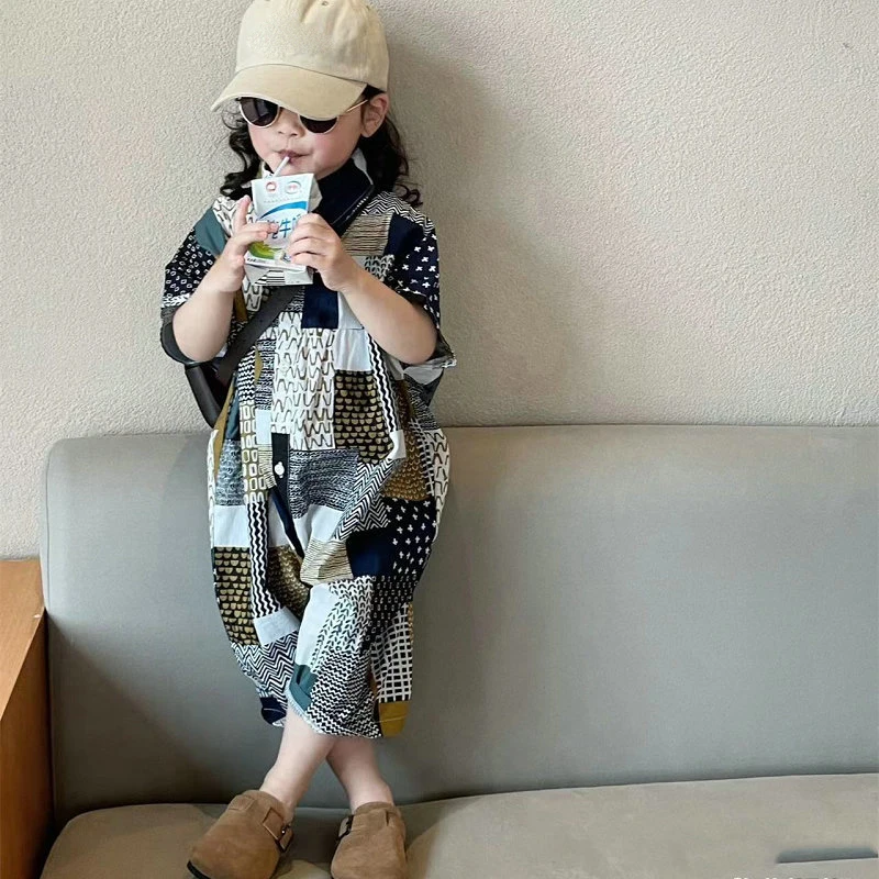 Baby Girls' Jumpsuit Plaid Color Blocking All-In-One Pants Summer New Loose Japanese Korean Style Rompers Children'S Clothing