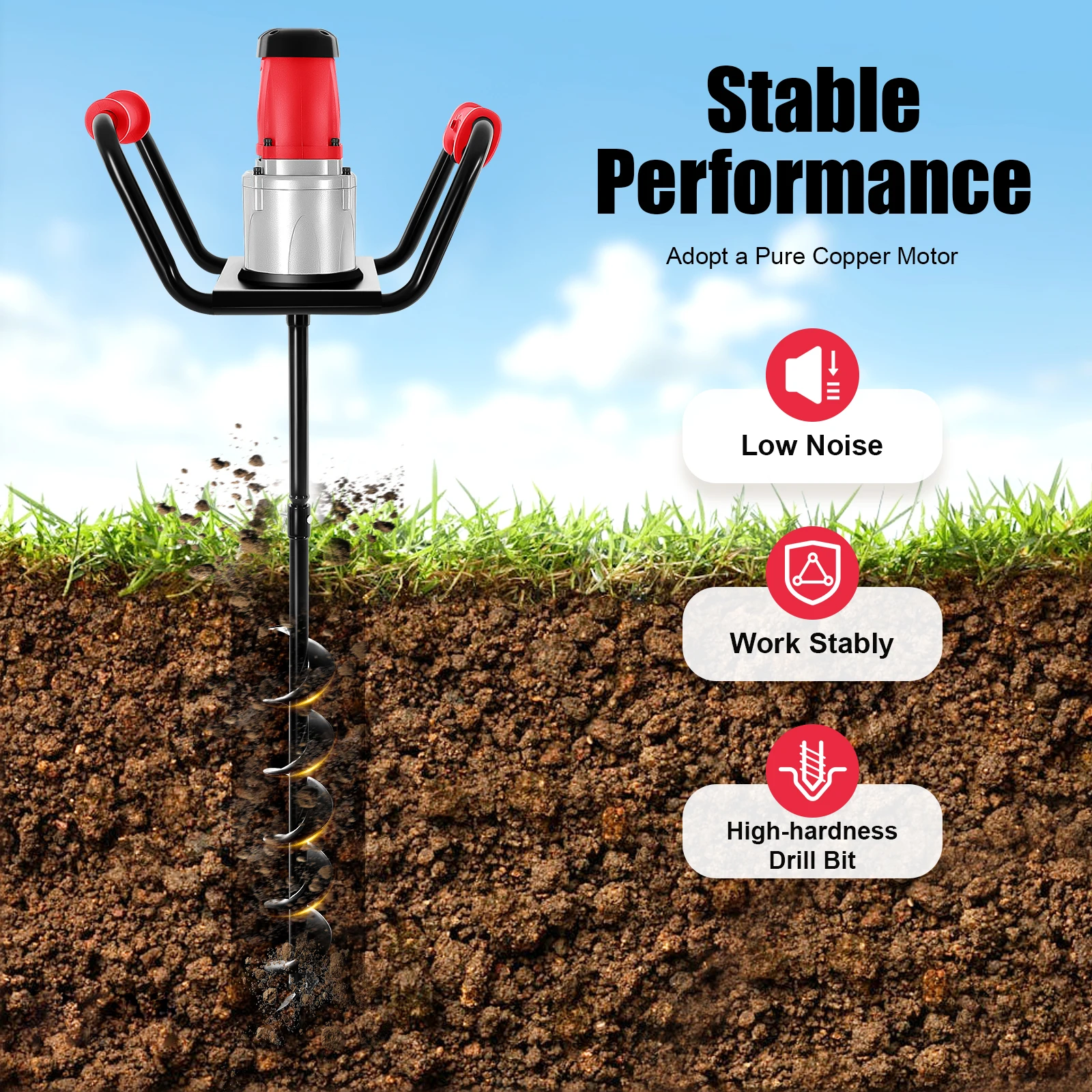 1.5KW 110V Electric Post Hole Digger for Garden Spiral Auger Drill with Extension Rod 300mm Hole Depth Fence Tree Planter Driver