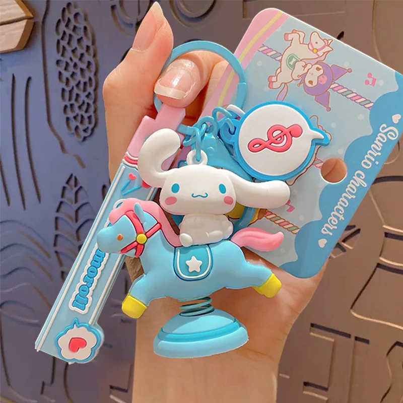 Cute Sanrio rotary happy rocking horse keychain Anime cute schoolbag pendant doll model car key ring and backpack accessory