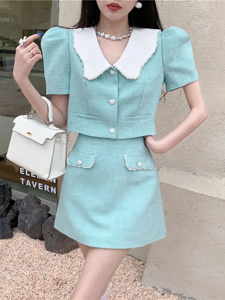 Vintage Tweed Suits For Women Summer Two Piece Set Korean Short Sleeve Jacket Top + Sexy Mini Skirt 2 Piece Outfits Ensemble