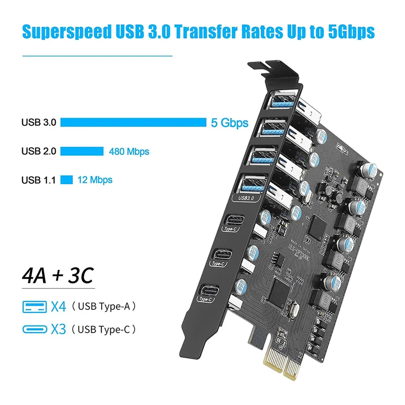EF-7 포트 PCIe-USB 3.0 확장 카드 PCI Express USB 어드온 카드 (데스크탑 PC 호스트 카드, Windows 10/8/7/XP 지원)