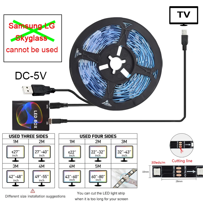 WS2812 LED TV Backlight Light Strip DC5V 30LED/m with USB Music Sync Box RGBIC Kit for Game Bedroom PC Scree Ambient Decoration