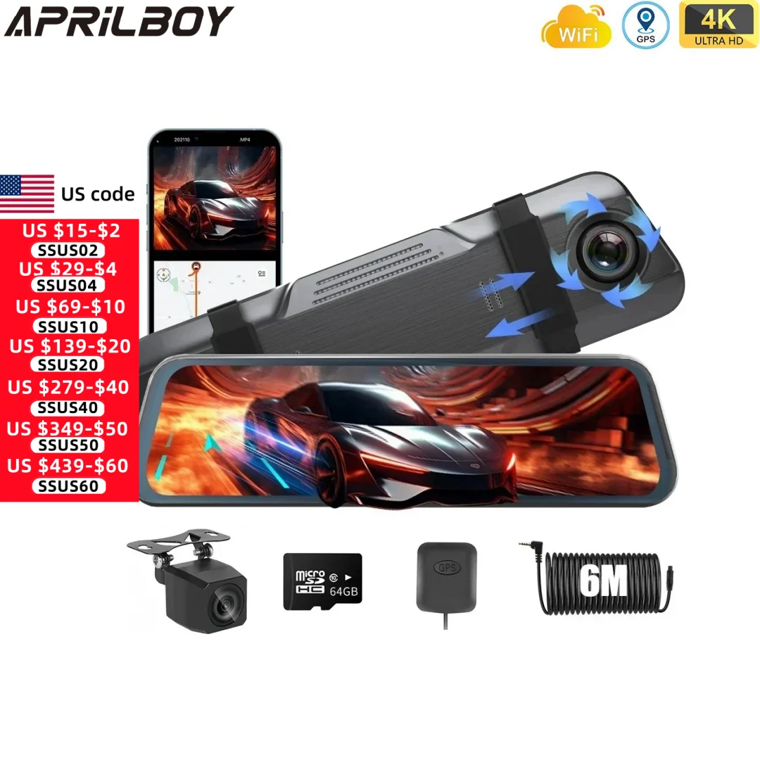 

Aprilboy V696 4K Mirror Car DVR Recorder 10'' Touch Screen Stream Media Front&Rear Dual Camer Rear View Night Vission Dash Cam