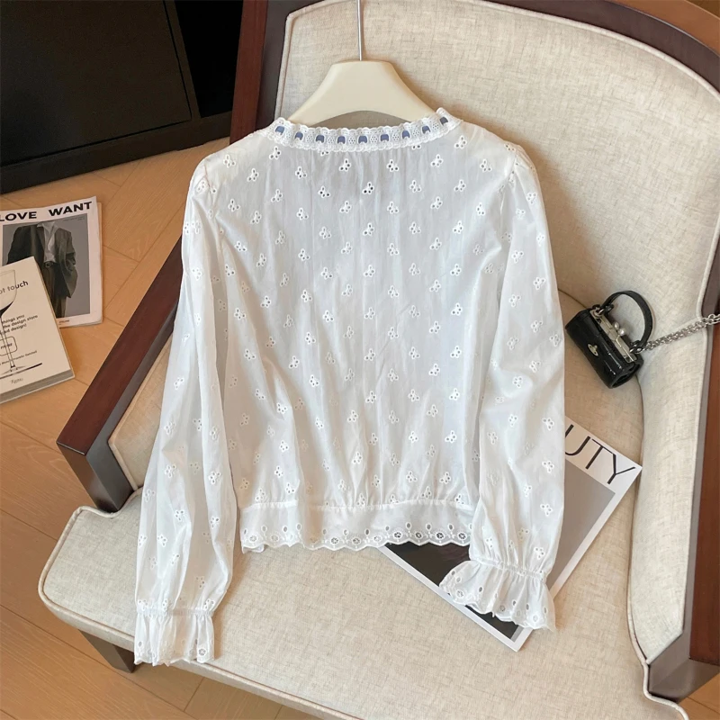 Bomon 2024 Early autumn Korean beautiful slimming shirt women's new bow hollow-out micro transparent long sleeve top