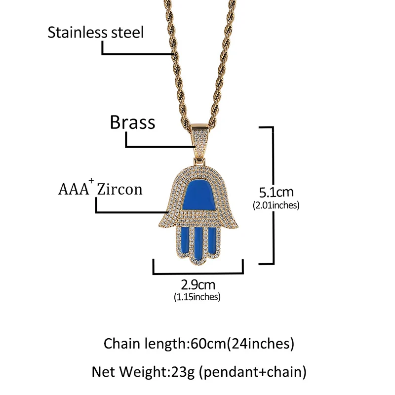 Hip Hop Micro Paved 3A+ Cubic Zirconia Bling Iced Out Blue Dripping oil Fatima Hand Pendants Necklaces for Men Rapper Jewelry