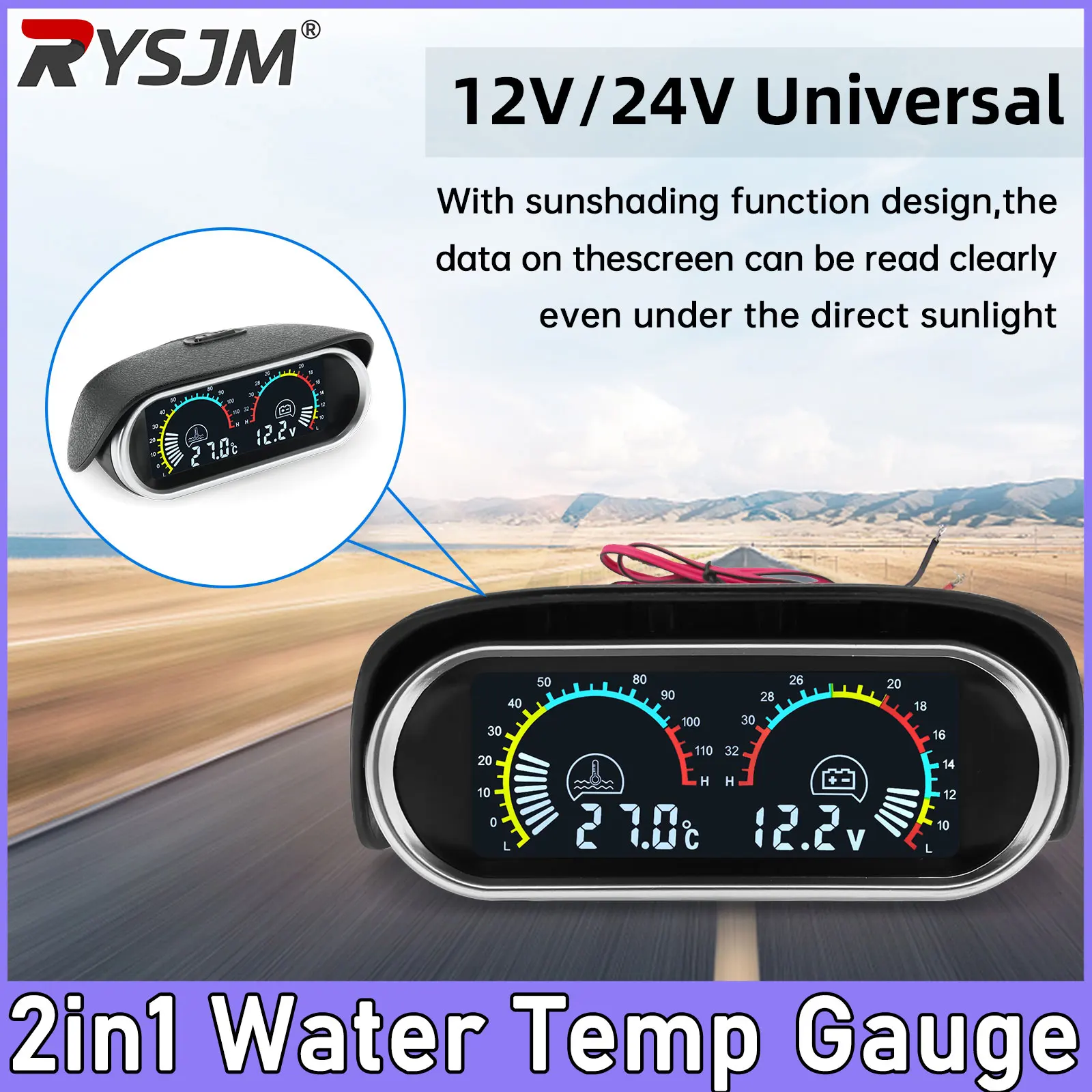 12V 24V  Water Temperature Gauge 2 IN 1 Car Truck LCD Gauge Voltmeter With 1/8 NPT Temp Sensor Water Temp Meter for Auto Cars