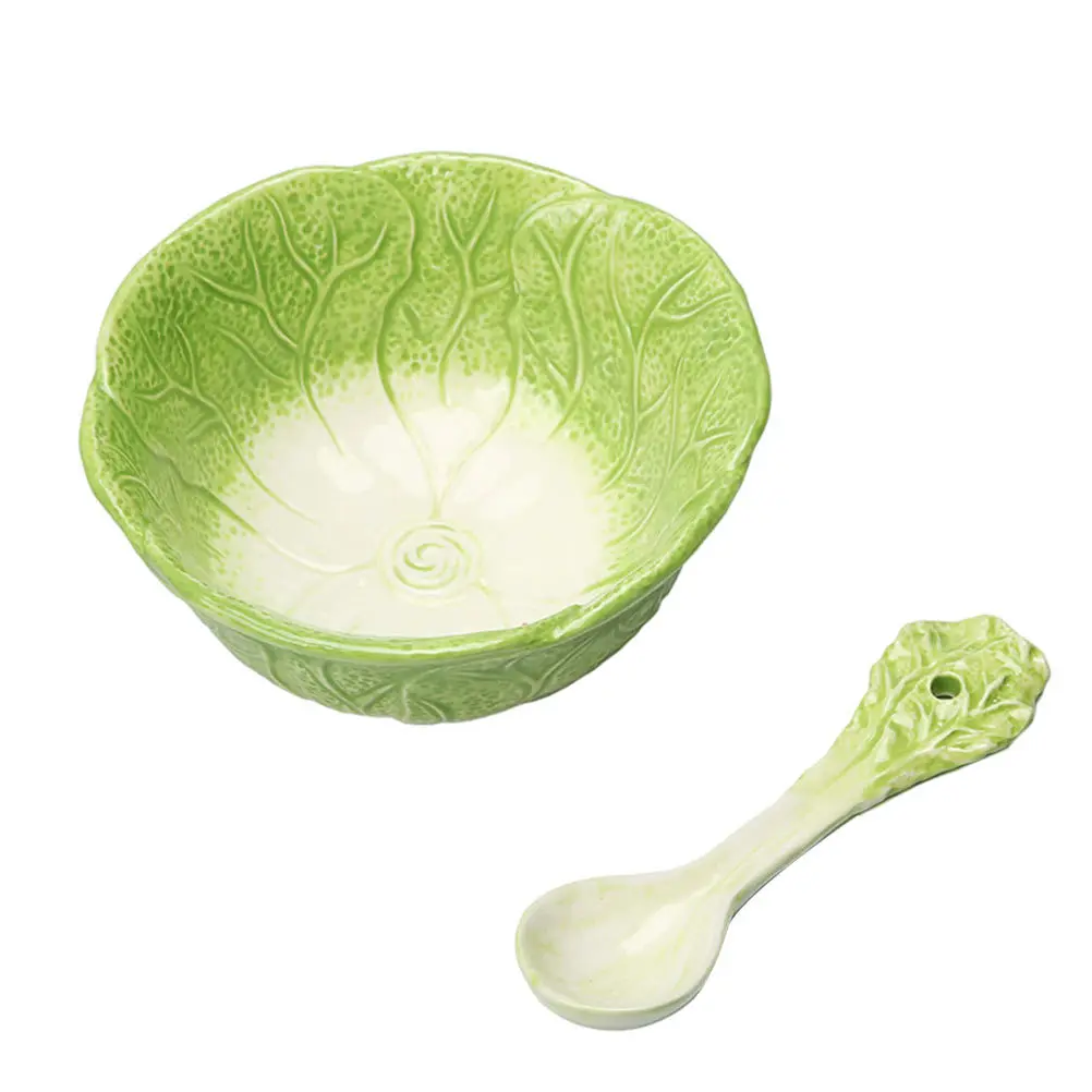 

Cartoon Small Ceramic Bowl Vegetable Pattern 's Food Container With Spoon Cabbage-shaped for Fun Salad