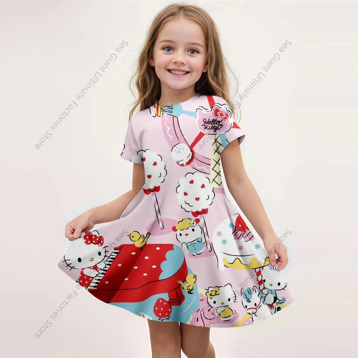 MINISO New Summer Girls Dress Fashion Cartoon Cute Cinnamoroll &Hello Kitty 3D Printing Dress Kid Short Sleeve Princess Clothing