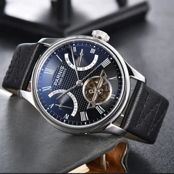 Casual 43mm Parnis Black Dial Date Power Reserve ST 2505 Automatic Men Watches Leather Strap Mechanical Watch Top Luxury Brand