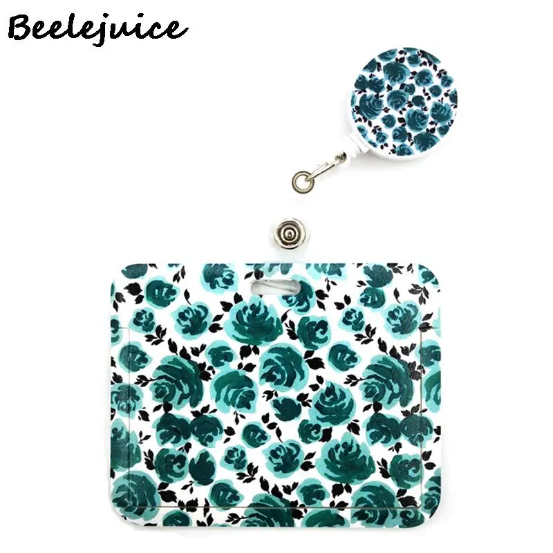 Blue Flower Rose Horizontal Card Holder Women Men Business Lanyard Badge Card Case Women Card Cover Student Lanyard ID Name Bags