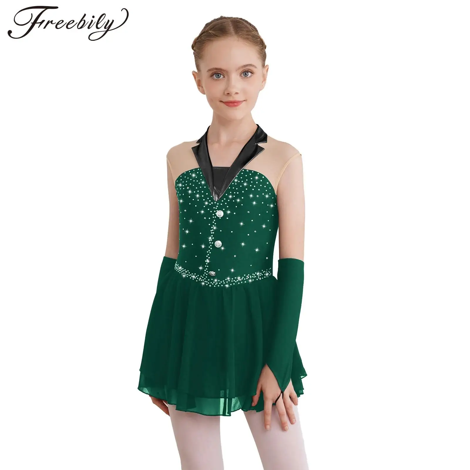 Kids Girls Shiny Latin Cha-cha Jazz Lyrical Dance Dress with Fingerless Gloves Children Figure Skating Costumes Stage Dancewear