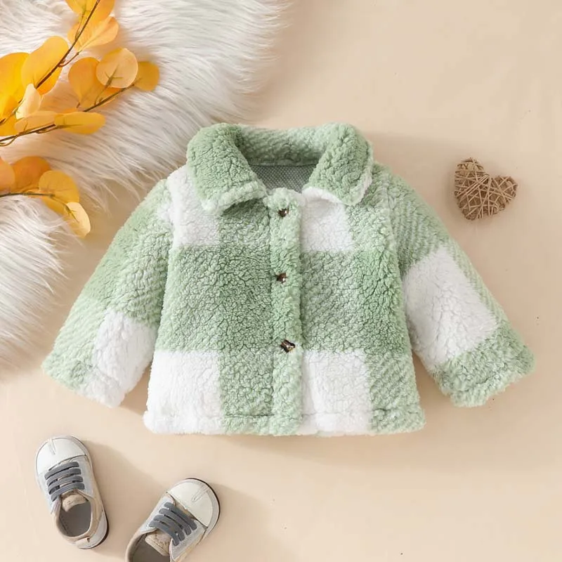 

Winter 1-3 Years Baby Girl Clothes Toddler Girls Outfits Lapel Plaid Plush Coat Single Breasted Long Sleeve Stylish Sweet Jacket