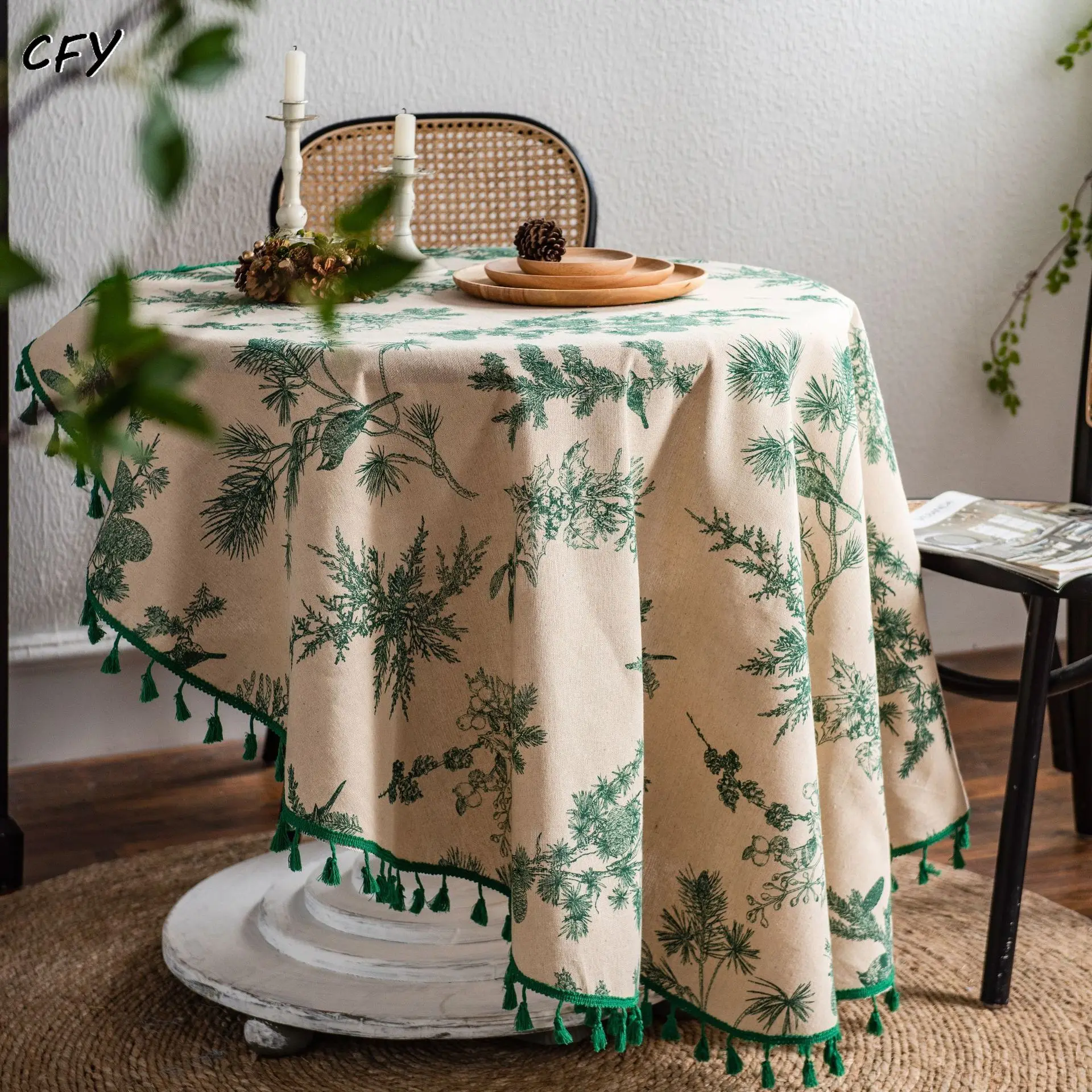 

Cotton Linen Korean Style Green Pine Branch Print with Tassels Leaves Round Tablecloth Table Cover Chicken Table Cloth