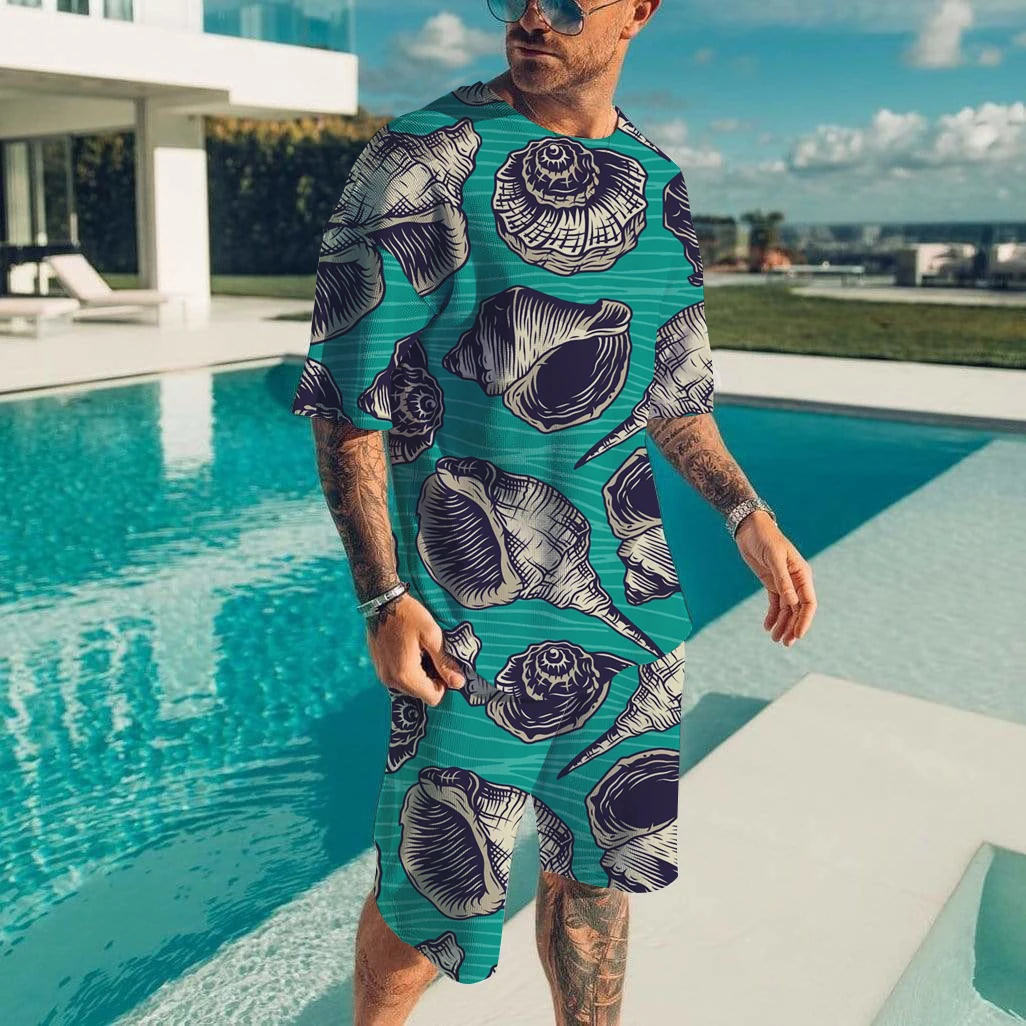 

Men's Hawaiian Full Print Suit Casual T-shirt Beach Pants Suit Daily Stylish Men Short-sleeve Top New Mens Tees Short Two Set