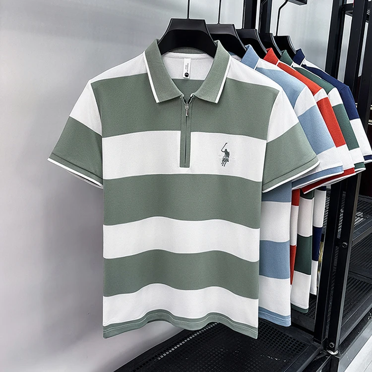 Modisches gestreiftes, farblich abgesetztes Kurzarm-Poloshirt für Herren High-End-Marke Pony-Stickerei Sommer, Golf, Freizeit, neues T-Shirt mit halbem Reißverschluss – Detail 8