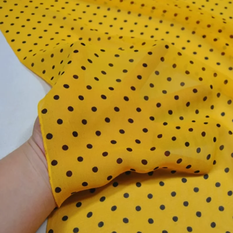 Classic Style Yellow Ground Dots Design Breathable Great Natural Material Popular Silk Georgette Fabric for Nice Vocation Dress