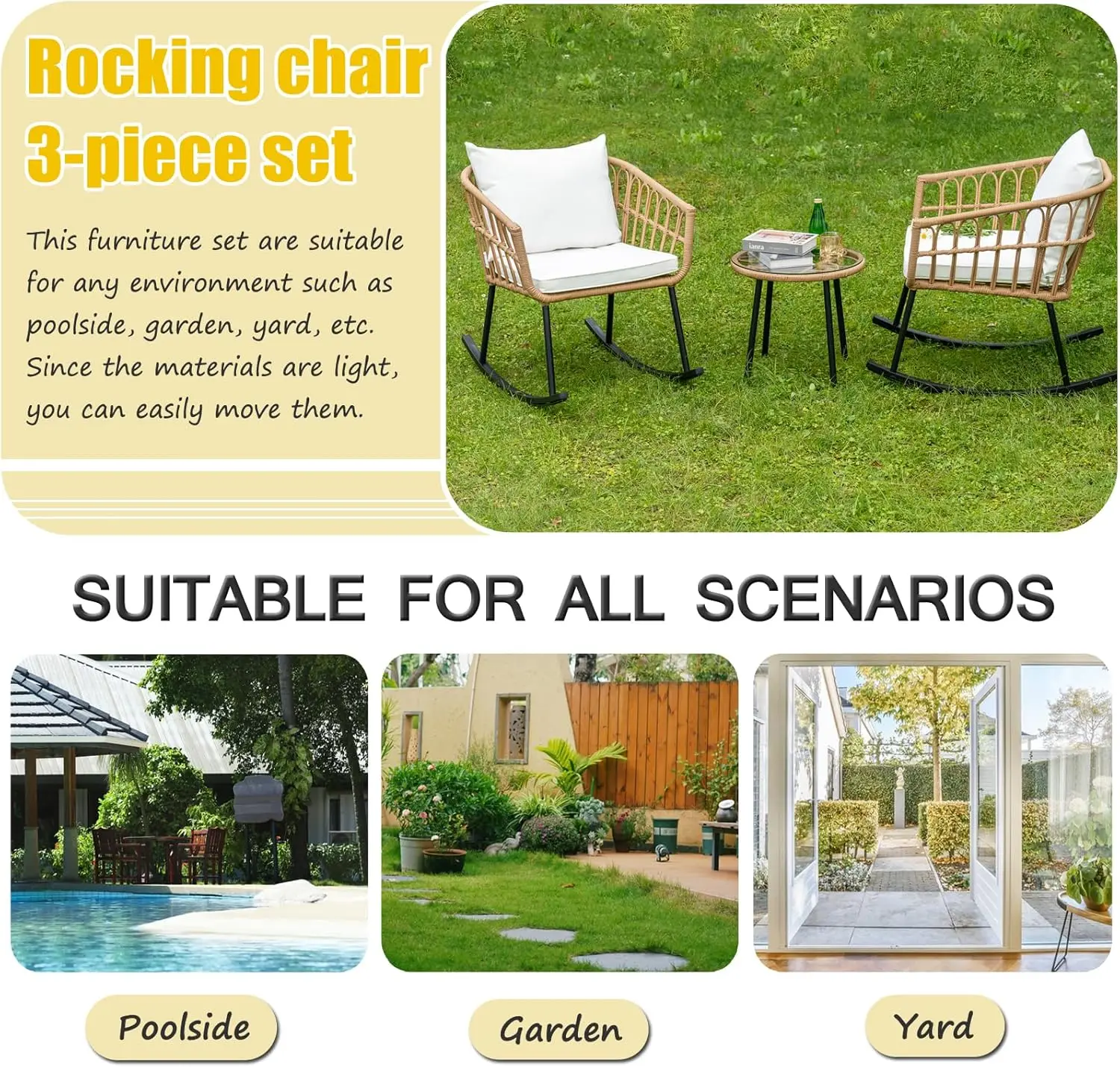 3 Pieces Rocking Chairs Set, Indoor Outdoor All Weather Woven Rope Table Set, Tan Wicker Chat Set with White Cushions,