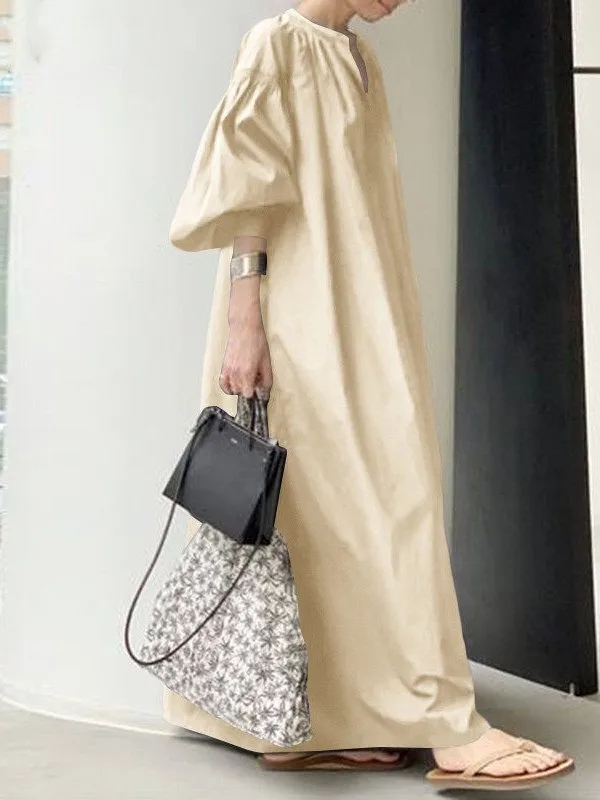 

Elegant Loose Fit Kaftan Gown with Pockets Casual Style High Waist Cotton Long Dress Lantern Sleeve V Neck Unusual Skirt