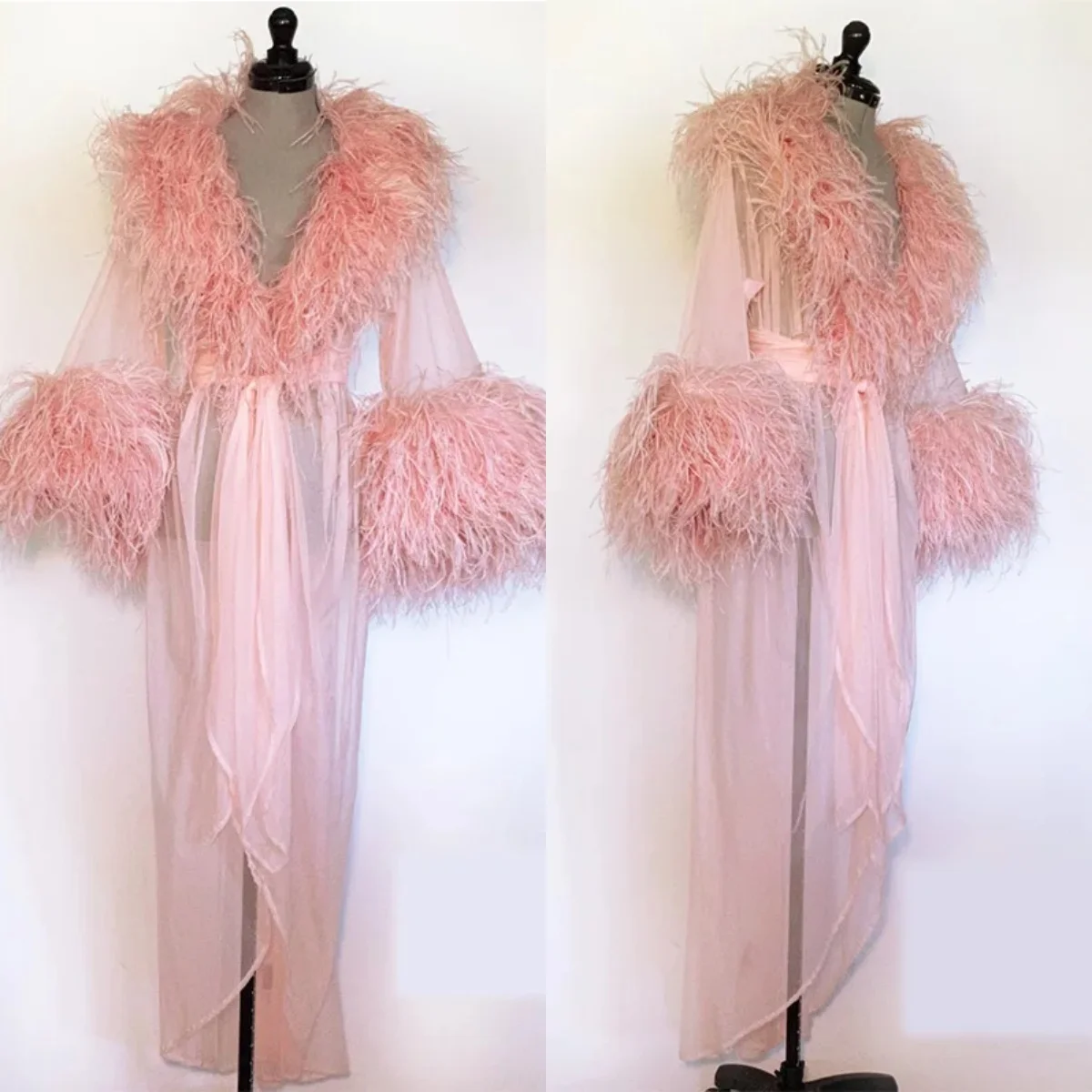 Sexy Evening Dress Feather Tulle Maternity Dresses Bride  Sleepwear Women Bathrobe Sheer Nightgown Pijama Custom Made Accessiory