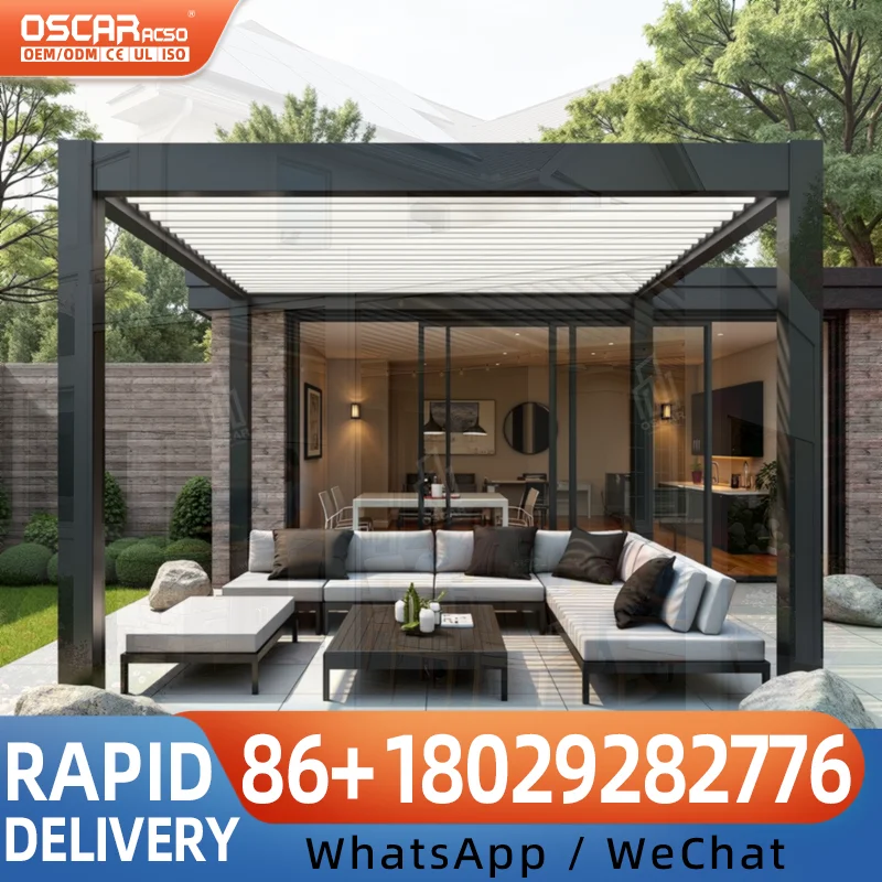 Motorized Retractable Pergola Roof with Automatic UV Block Canopy and Wind Sensor for Deck Outdoor Patio pergola