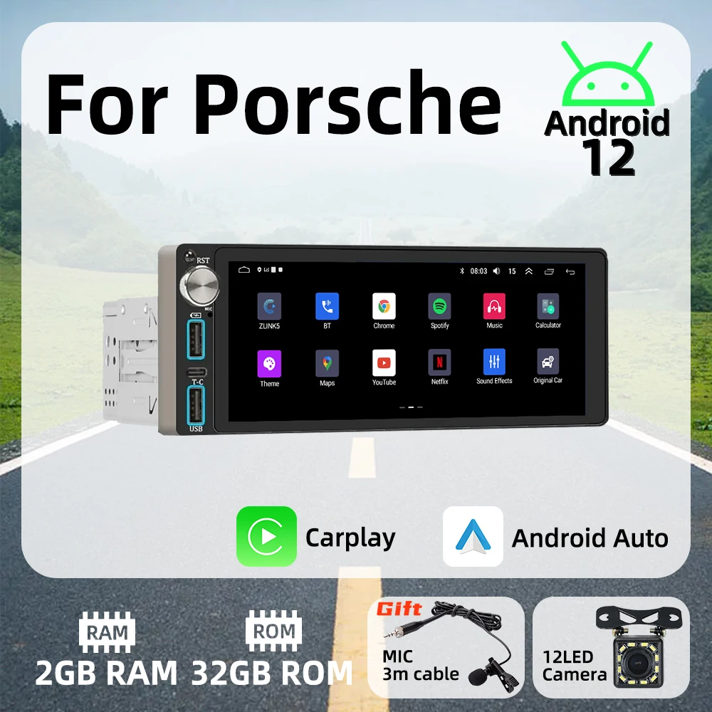 

Wireless Carplay Android Auto Autoradio 6.86" 1Din Radio Android Car Multimedia for Porsche Stereo Head Unit GPS Navigation Wifi