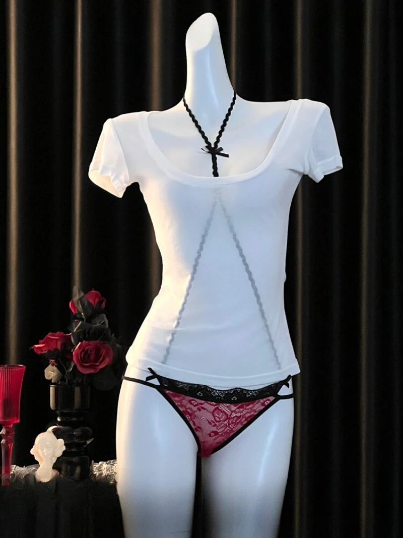 

Элегантный красный кружевной внутренний комплект трусов для женщин, прозрачный топ с короткими рукавами и удобной посадкой, элитная домашняя одежда, стильная пижамная гостиная