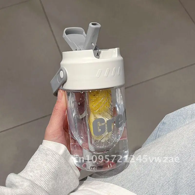 

Girl's High-Looking Large Capacity Flower Tea Cup Portable Sports Straw Cup with Tea Compartment White Green Pink PC Material