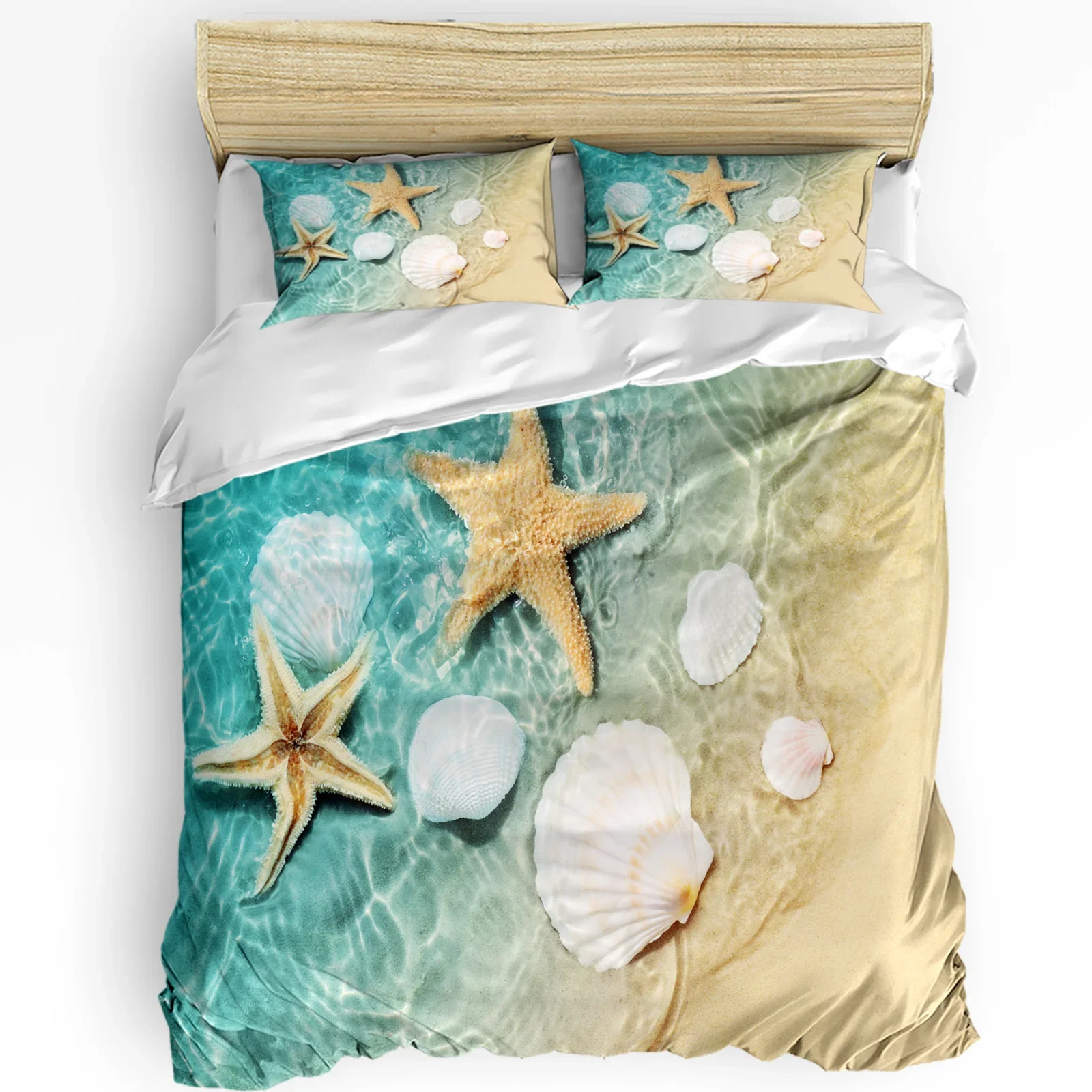 Beach Sea Starfish Shells Green 3pcs Bedding Set For Bedroom Double Bed Home Textile Duvet Cover Quilt Cover Pillowcase