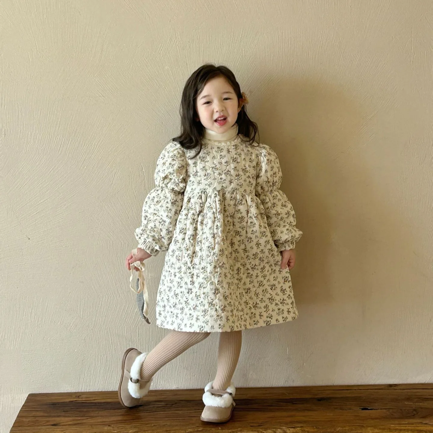 Baby Girls Dress Fashion Thicken Floral Quilted Fleece 2024 Winter New Korean Style Childrens Princess Dress