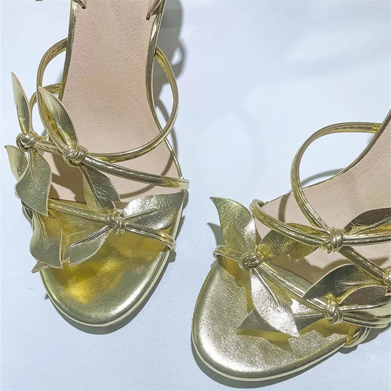 Golden Leaves Decor Sandals Stiletto Heels Elegant Luxury Dress Shoes High Heeled Retro Leather Vintage Shoes for Women Wedding