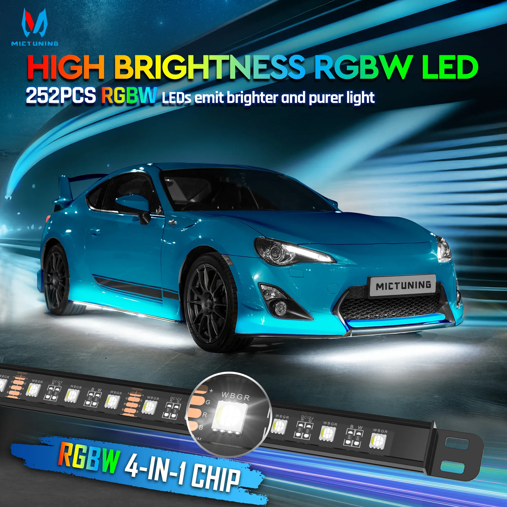 MICTUNING 252PCS RGBW LEDs, N8 Car Underglow Light Strips Underbody Multicolor Light Bars With Wireless App Remote Dual Control