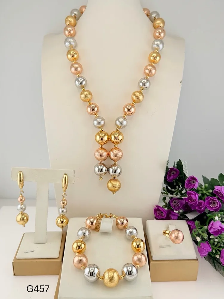 Simple Elegant Three Tone Beads Shape Jewelry Set Textured Fine Necklace Bracelet Earrings Ring 4PC Jewellery for Wedding Party