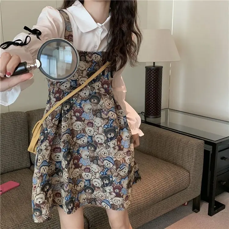 Sweet New Long Sleeve Set Design Dress Bow Shirt Two Little Bear Strap Skirt