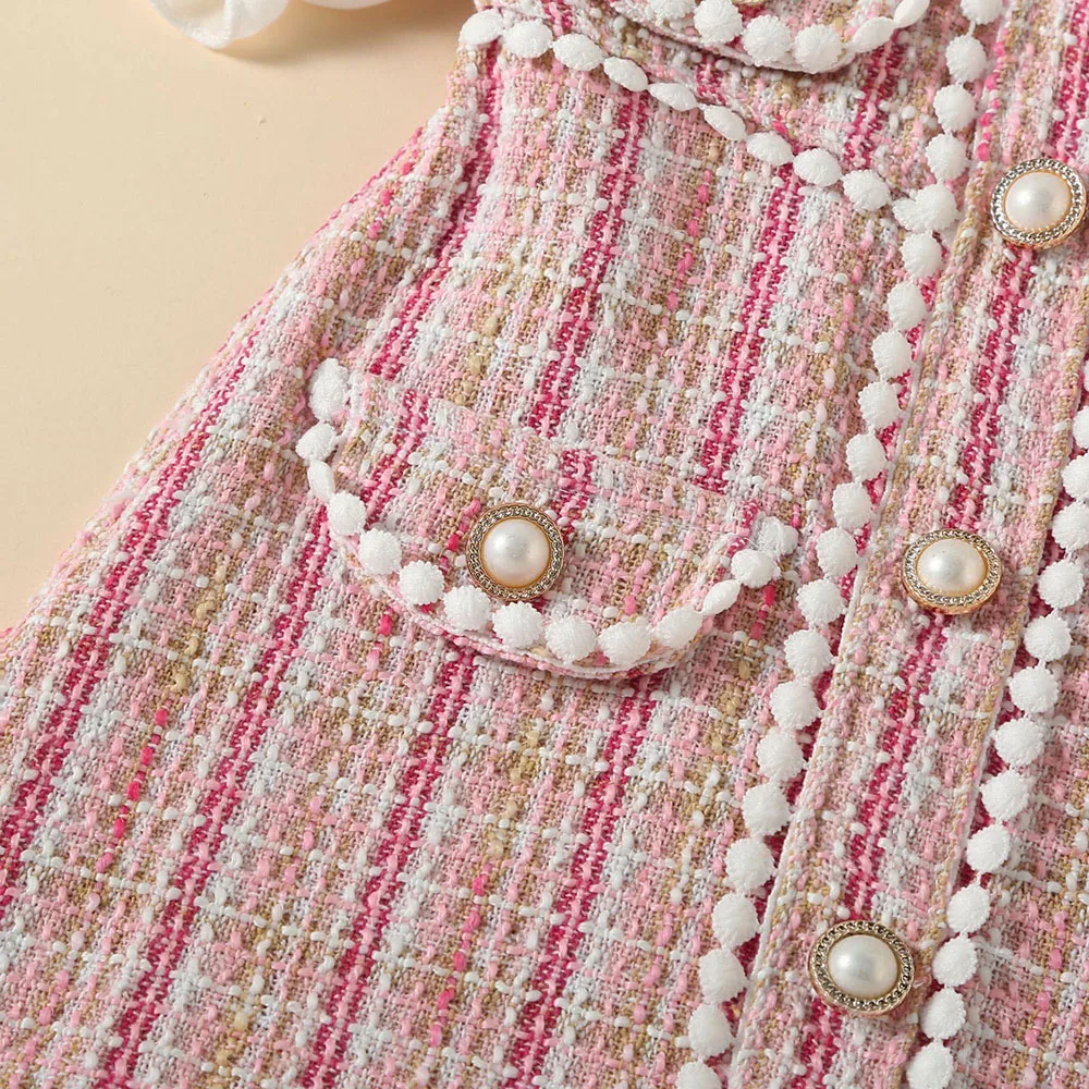 Summer Dress For Girls Puff Sleeve Pearl Buckle Princess Dress Square Collar Woolen Plaid Kids Clothes