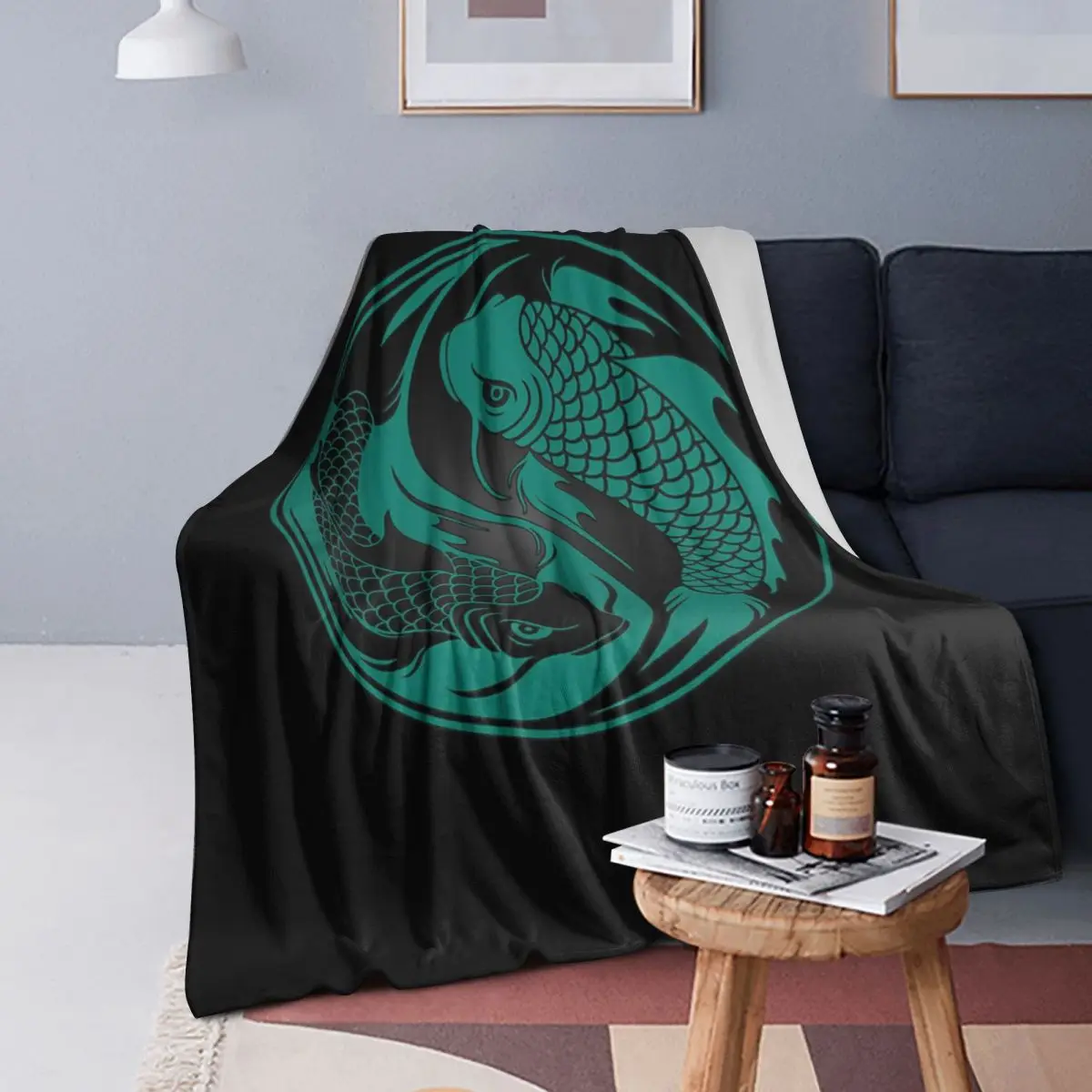

Teal Blue And Black Yin Yang Koi Fish Blankets Warm Flannel Throw Blanket Plush for Bed Living room Picnic Travel Home Couch