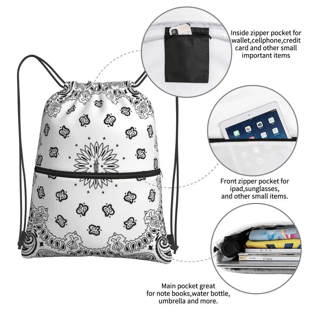 Bandana Custom White Portable Backpacks Drawstring Bag Multi-function Drawstring Bundle Pocket Shoes Bags For School Students