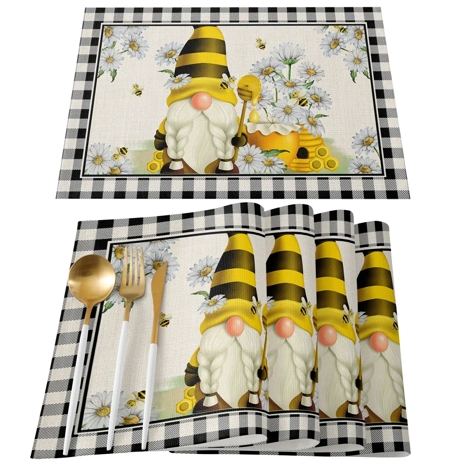 Placemats Pastoral Spring Bee Daisy Gnome Table Mats Cotton Linen Kitchen Accessories Home Decorative Coaster