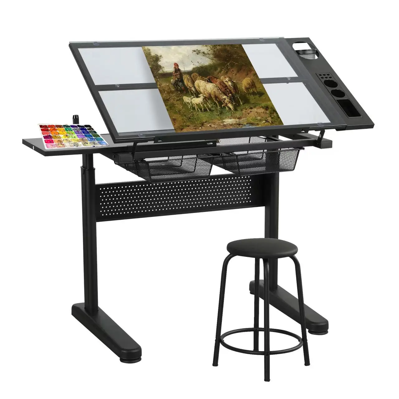 Adjustable Glass Drafting Desk for Professional Artwork, Tilting Glass Top & Sturdy Frame, Custom