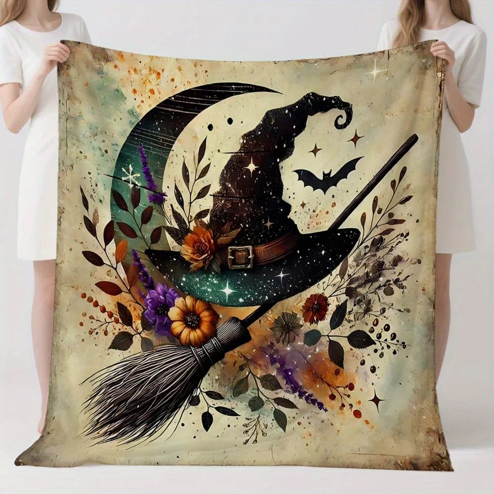 Witch Blanket Magic Moon Bat Broom Soft Warm Cozy Throw for Bed Sofa Living Room Gift