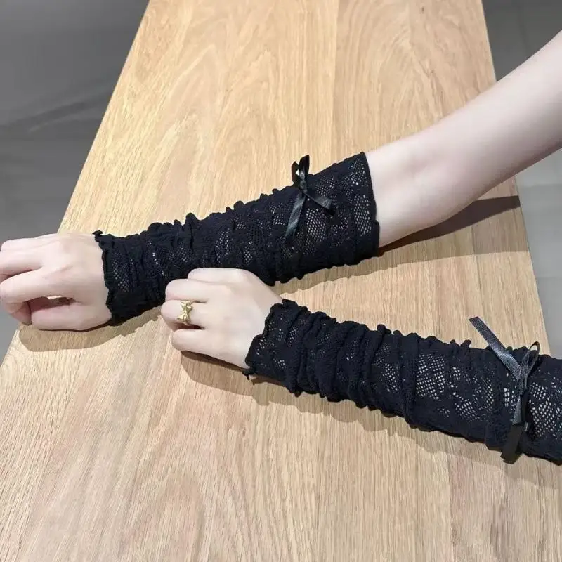 Spitzen-Rüschen Y2k Handschuhe Fingerlose Handschuhe Fäustlinge JK Lolita Kawaii Damen Netz-Fischernetz Schleifenhandschuhe – Detail 11