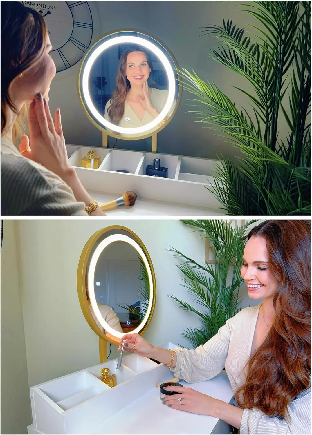 Bedroom Makeup Vanity Set in White and Gold with Mirror, Lights, Drawers, 3 Lighting Modes and Cushioned Stool view 6