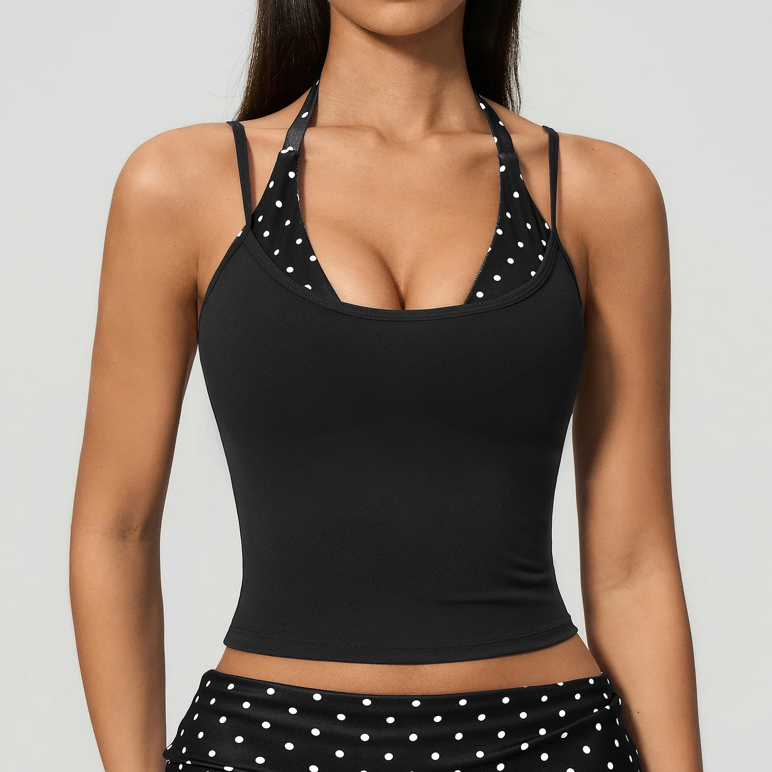 New Women Color Block Polka Dot Halter Double Strap Sports Bra Fake Two Piece Waist Cinching Yoga Tank Slimming Gym Vest