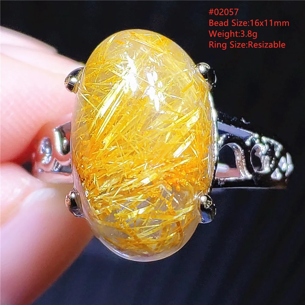 Natural Gold Rutilated Quartz Adjustable Ring Women Men 925 Sterling Silver Wealthy Bead Rutilated Ring Jewelry AAAAAA