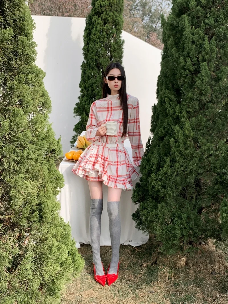 Women's retro red checkered irregular low waist fashionable high-end design sense girl's shirt mini dress 2025